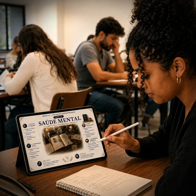 Mapa mental de Saúde Mental sendo estudado em um tablet
